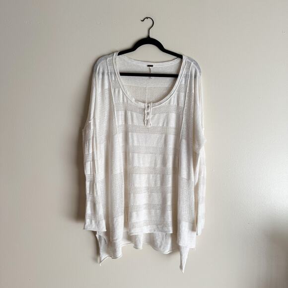 Free People White Striped Wild Horses Boho Lagenlook Henley Blouse Medium - Picture 2 of 8